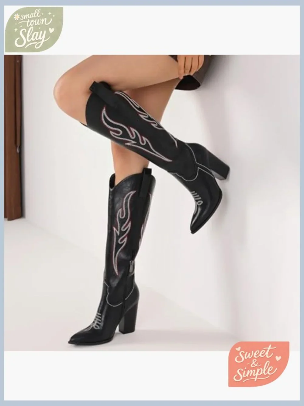Knee High Cowboy Boots Pointed Toe Chunky Heel Side Zip Western Boots - Picture 2 of 7